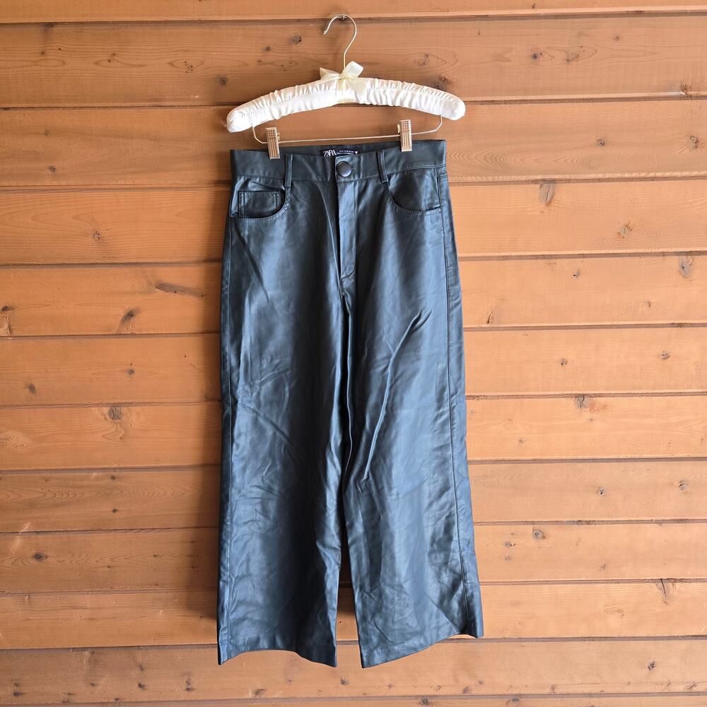 Zara Faux Leather Culotte Pant Wide Leg Dark Green High Waist Flare Crop S Y2K - Picture 2 of 7